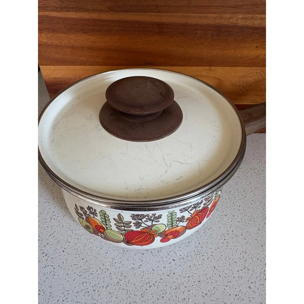 Vintage 70s Enamel Saucepan with Lid Retro Vegetable Botanical MCM Cottagecore